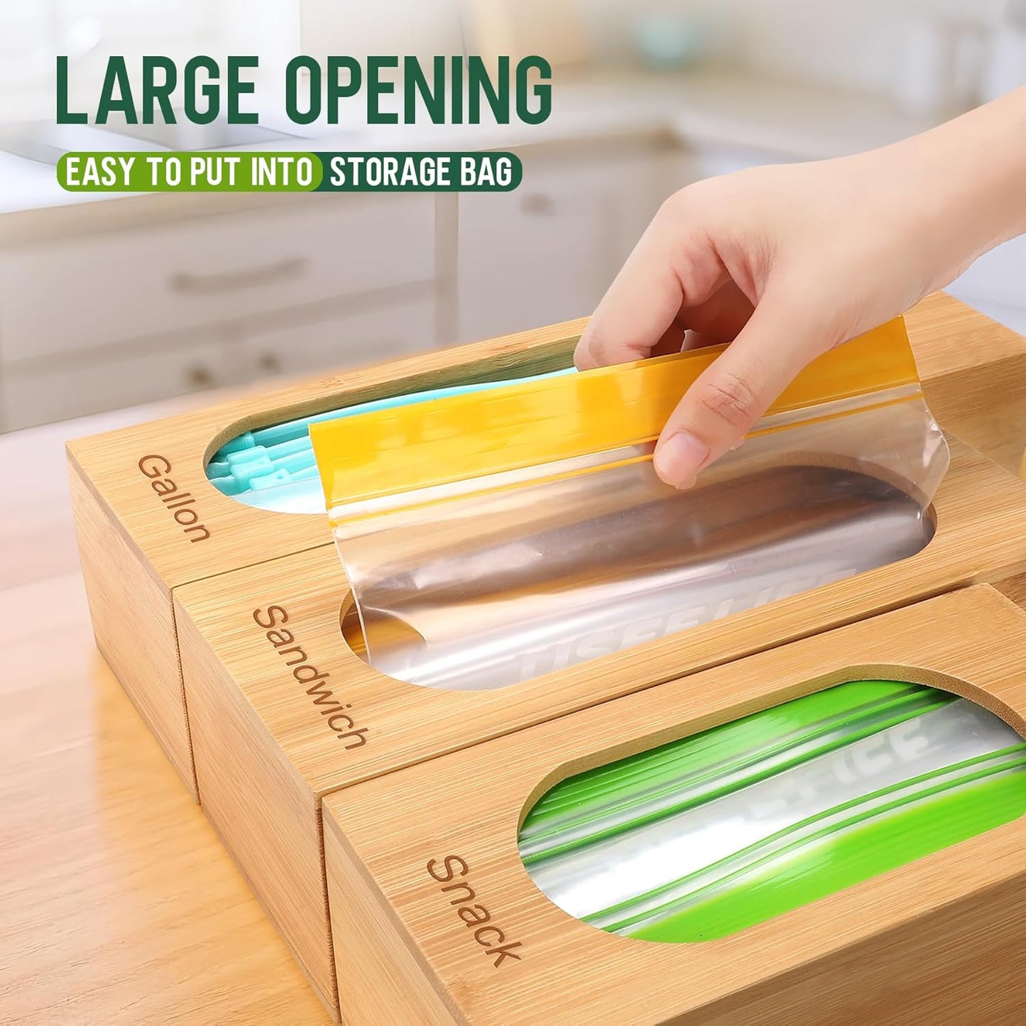 Ziplock Bag Organizer for Kitchen Drawer, 5-Slot | Bamboo, 5 Independent Boxes, Slide Cutter, Magnetic Lid, Space-Saving Drawer Organizer