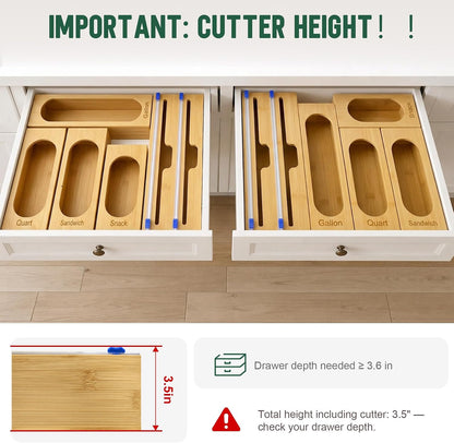 Ziplock Bag Organizer for Kitchen Drawer, 5-Slot | Bamboo, 5 Independent Boxes, Slide Cutter, Magnetic Lid, Space-Saving Drawer Organizer
