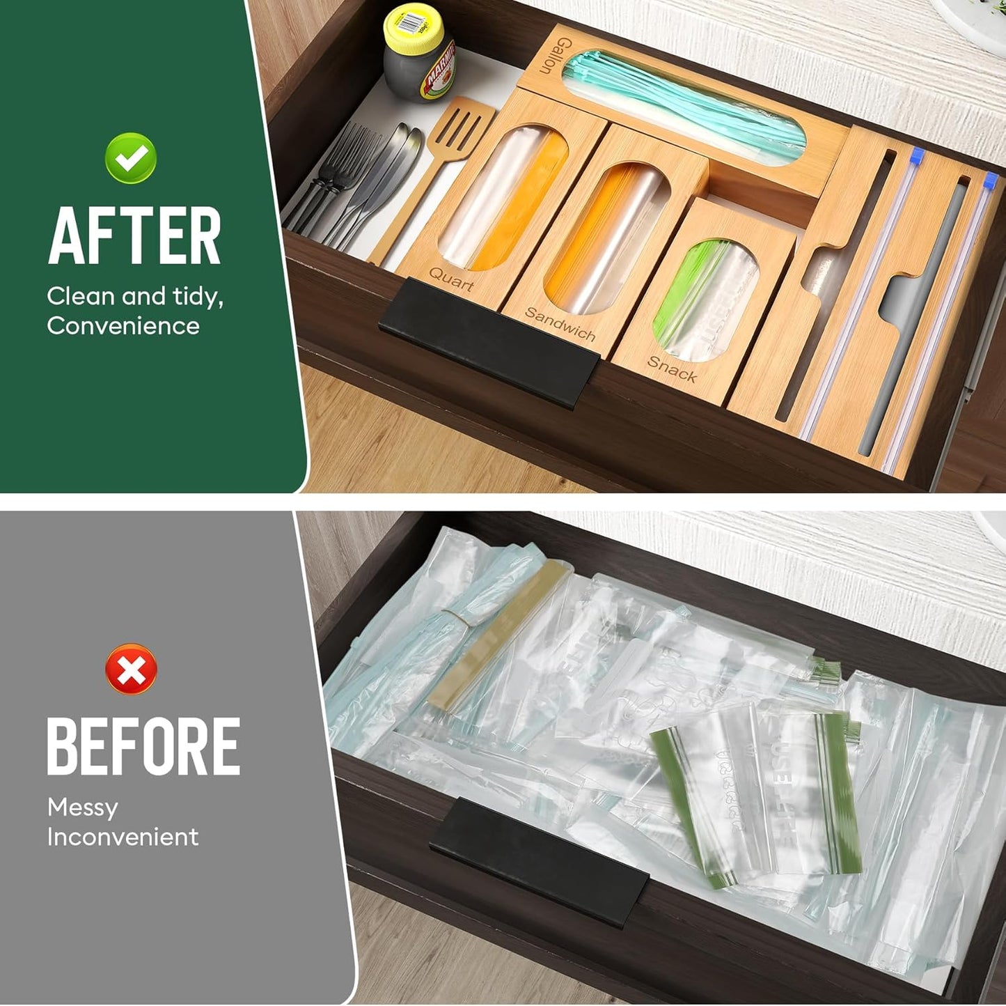 Ziplock Bag Organizer for Kitchen Drawer, 5-Slot | Bamboo, 5 Independent Boxes, Slide Cutter, Magnetic Lid, Space-Saving Drawer Organizer