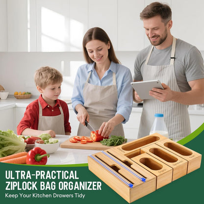 Ziplock Bag Organizer for Kitchen Drawer, 5-Slot | Bamboo, 5 Independent Boxes, Slide Cutter, Magnetic Lid, Space-Saving Drawer Organizer