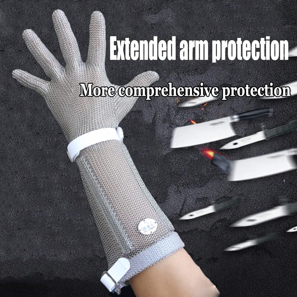Anti-Cut Gloves Stainless Steel Cut Resistant Gloves, Food Grade Safety Work Chainmail, Lengthened Arms(Arm 8cm,1PCS/XS)