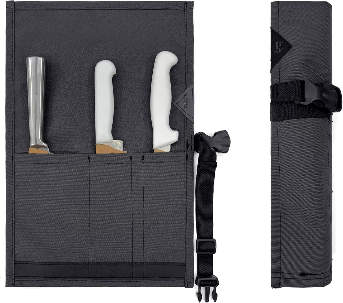 Knife Roll Case, Leather Support, Bag For Chef, 3 Slots, Gray | Heavy Duty Oxford Canvas Pouch, Leather Support, Portable Bag for Cooking Tools, Utensils, Cutlery Knives, BBQ, Travel, Gift