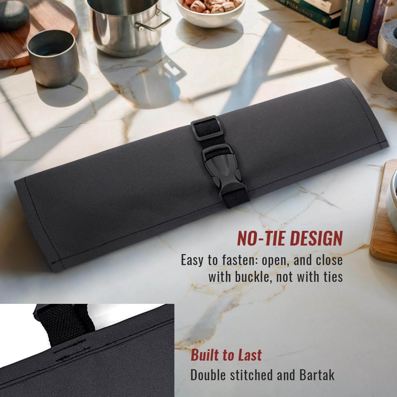 Knife Roll Case, Leather Support, Bag For Chef, 3 Slots, Gray | Heavy Duty Oxford Canvas Pouch, Leather Support, Portable Bag for Cooking Tools, Utensils, Cutlery Knives, BBQ, Travel, Gift