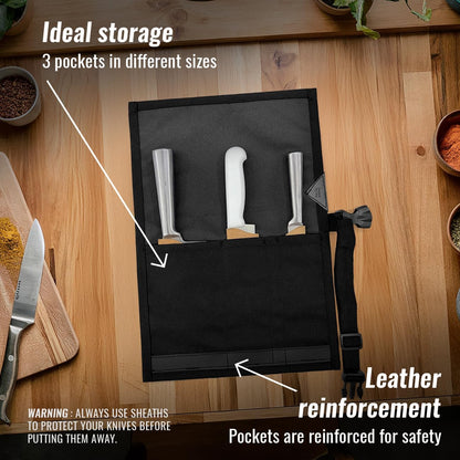 Knife Roll Case, Leather Support, Bag For Chef, 3 Slots, Gray | Heavy Duty Oxford Canvas Pouch, Leather Support, Portable Bag for Cooking Tools, Utensils, Cutlery Knives, BBQ, Travel, Gift