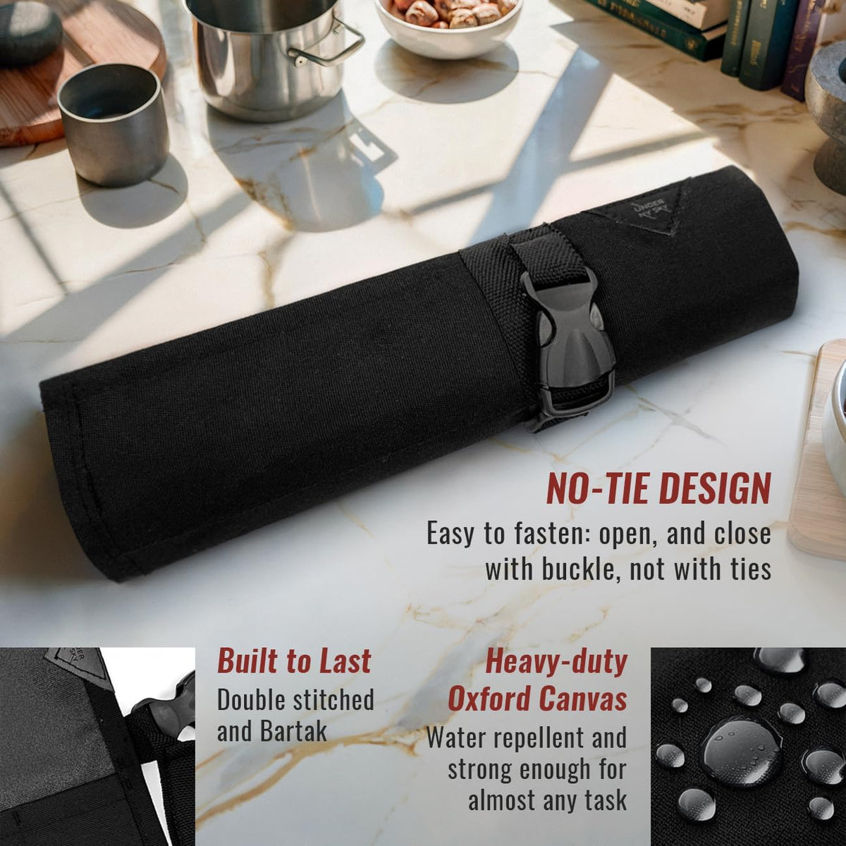 Knife Roll Case, Leather Support, Bag For Chef, 3 Slots, Gray | Heavy Duty Oxford Canvas Pouch, Leather Support, Portable Bag for Cooking Tools, Utensils, Cutlery Knives, BBQ, Travel, Gift