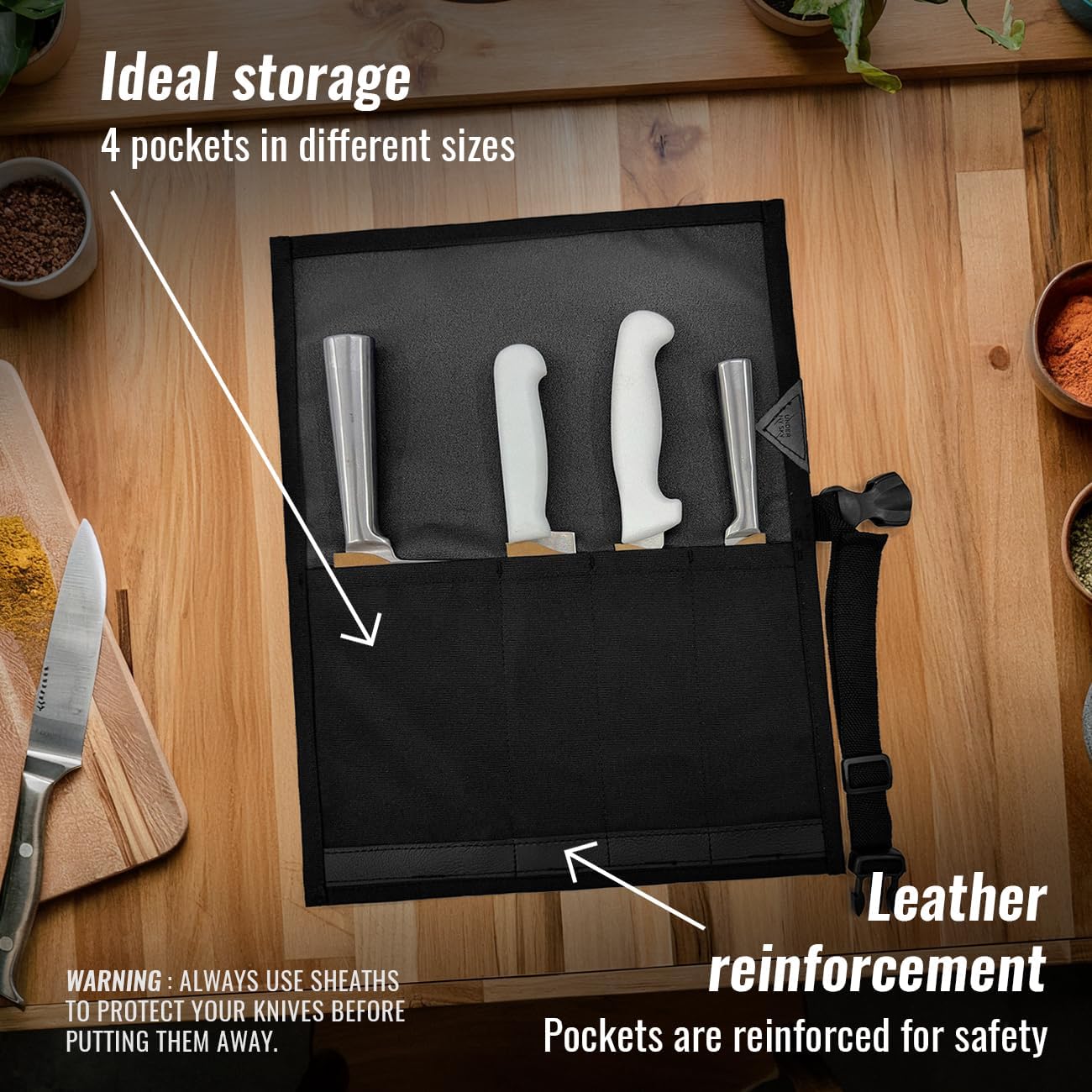 Knife Roll Case, Leather Support, Bag For Chef, 3 Slots, Gray | Heavy Duty Oxford Canvas Pouch, Leather Support, Portable Bag for Cooking Tools, Utensils, Cutlery Knives, BBQ, Travel, Gift
