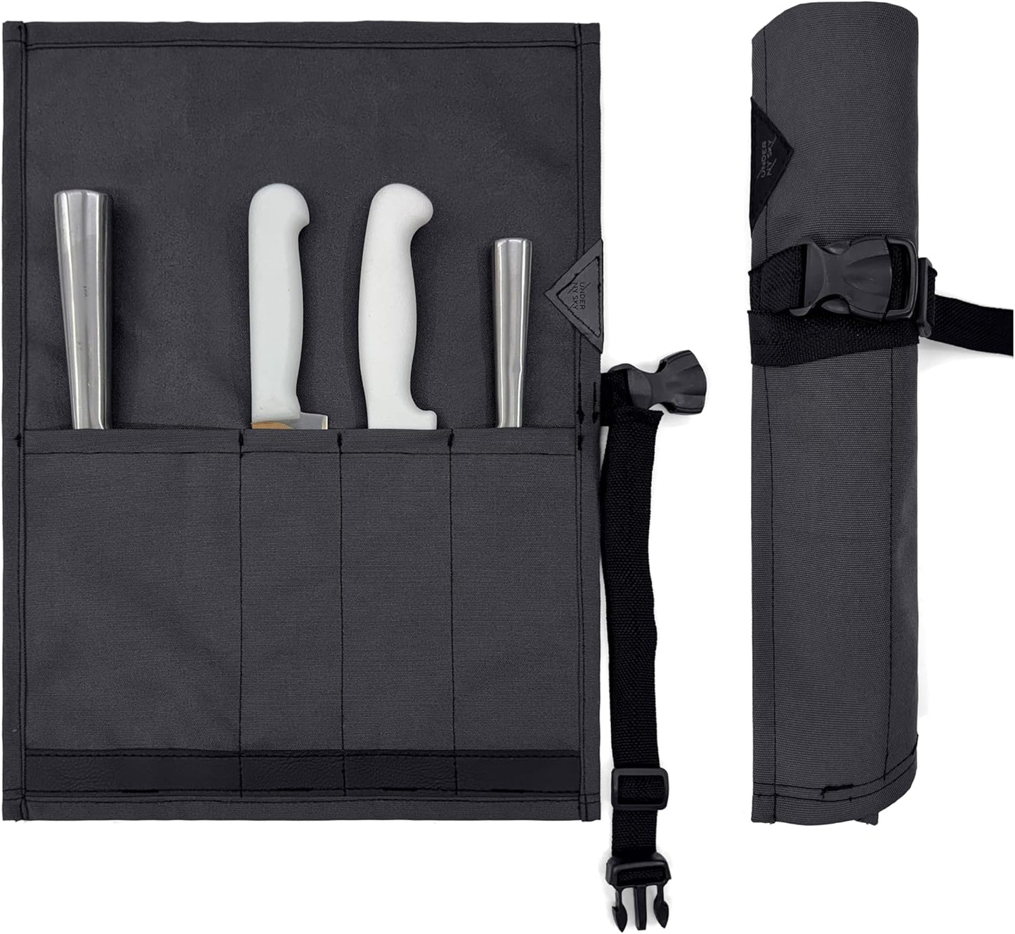 Knife Roll Case, Leather Support, Bag For Chef, 3 Slots, Gray | Heavy Duty Oxford Canvas Pouch, Leather Support, Portable Bag for Cooking Tools, Utensils, Cutlery Knives, BBQ, Travel, Gift