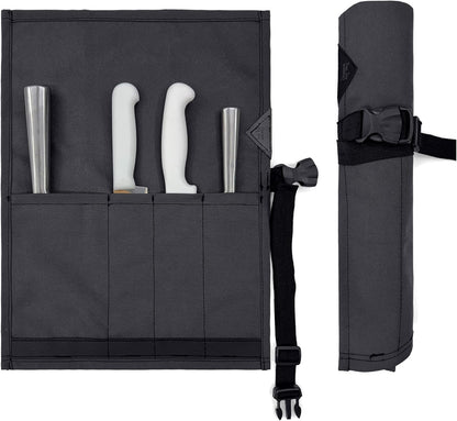 Knife Roll Case, Leather Support, Bag For Chef, 3 Slots, Gray | Heavy Duty Oxford Canvas Pouch, Leather Support, Portable Bag for Cooking Tools, Utensils, Cutlery Knives, BBQ, Travel, Gift