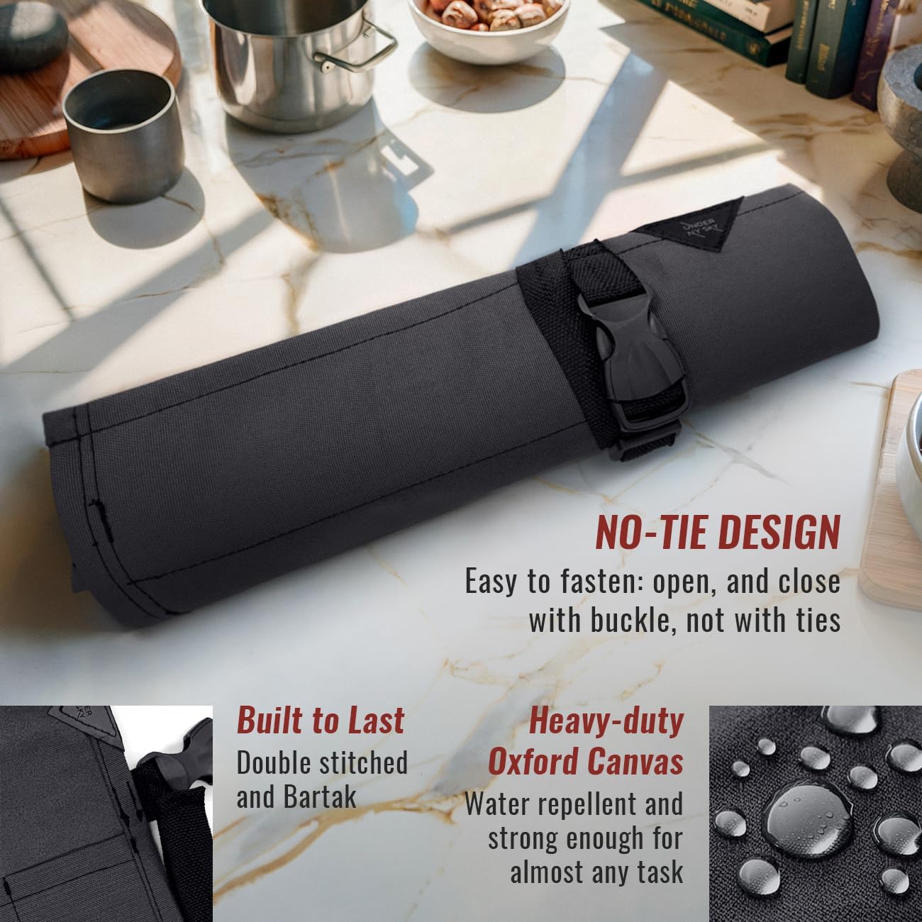 Knife Roll Case, Leather Support, Bag For Chef, 3 Slots, Gray | Heavy Duty Oxford Canvas Pouch, Leather Support, Portable Bag for Cooking Tools, Utensils, Cutlery Knives, BBQ, Travel, Gift