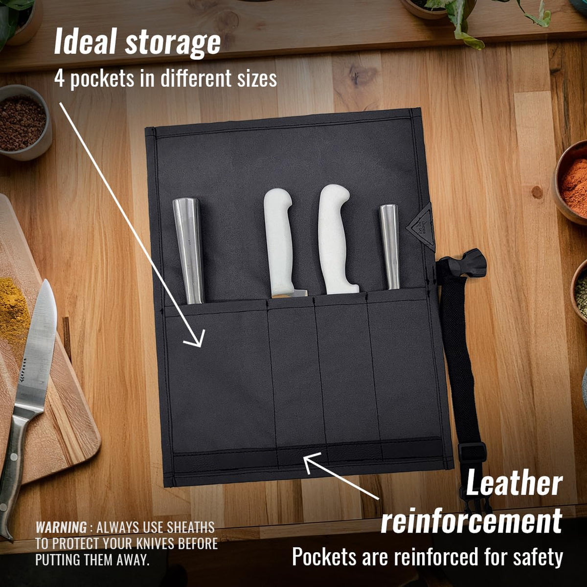 Knife Roll Case, Leather Support, Bag For Chef, 3 Slots, Gray | Heavy Duty Oxford Canvas Pouch, Leather Support, Portable Bag for Cooking Tools, Utensils, Cutlery Knives, BBQ, Travel, Gift