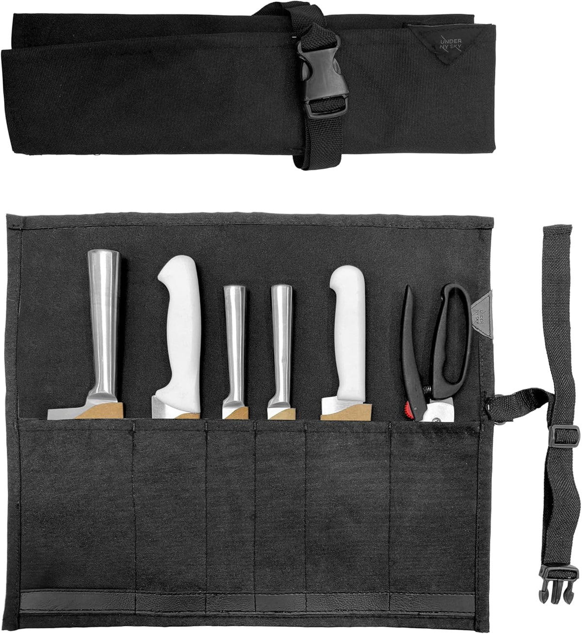 Knife Roll Case, Leather Support, Bag For Chef, 3 Slots, Gray | Heavy Duty Oxford Canvas Pouch, Leather Support, Portable Bag for Cooking Tools, Utensils, Cutlery Knives, BBQ, Travel, Gift
