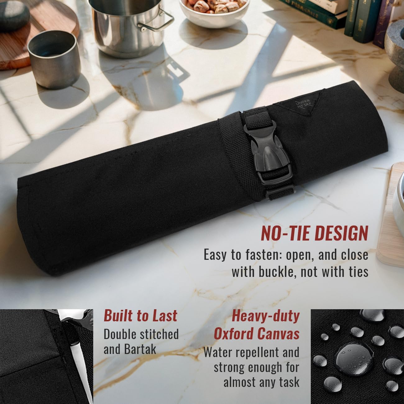 Knife Roll Case, Leather Support, Bag For Chef, 3 Slots, Gray | Heavy Duty Oxford Canvas Pouch, Leather Support, Portable Bag for Cooking Tools, Utensils, Cutlery Knives, BBQ, Travel, Gift