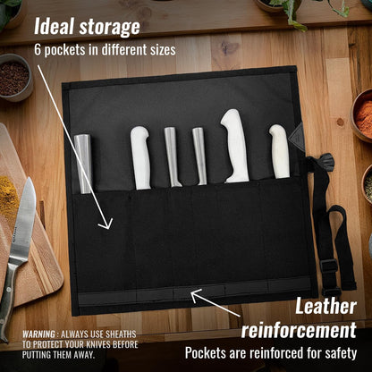 Knife Roll Case, Leather Support, Bag For Chef, 3 Slots, Gray | Heavy Duty Oxford Canvas Pouch, Leather Support, Portable Bag for Cooking Tools, Utensils, Cutlery Knives, BBQ, Travel, Gift