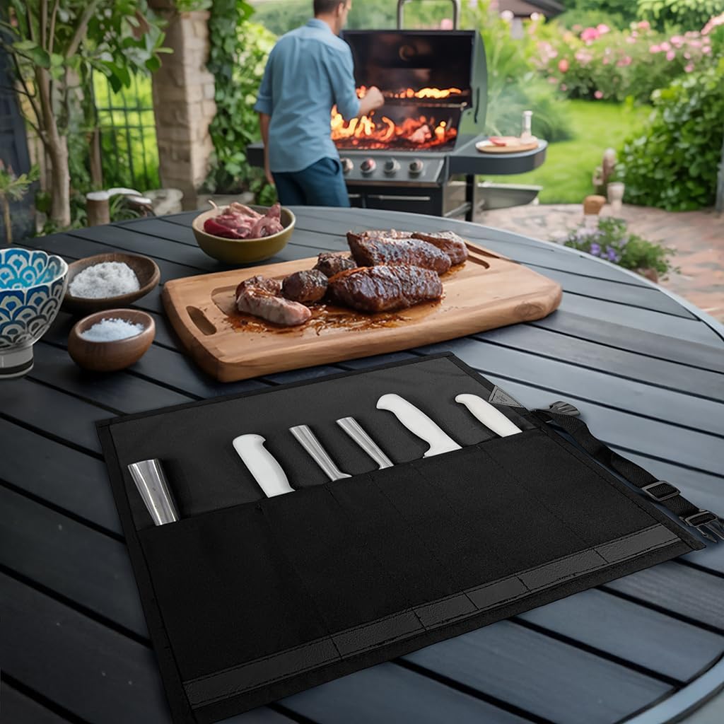 Knife Roll Case, Leather Support, Bag For Chef, 3 Slots, Gray | Heavy Duty Oxford Canvas Pouch, Leather Support, Portable Bag for Cooking Tools, Utensils, Cutlery Knives, BBQ, Travel, Gift