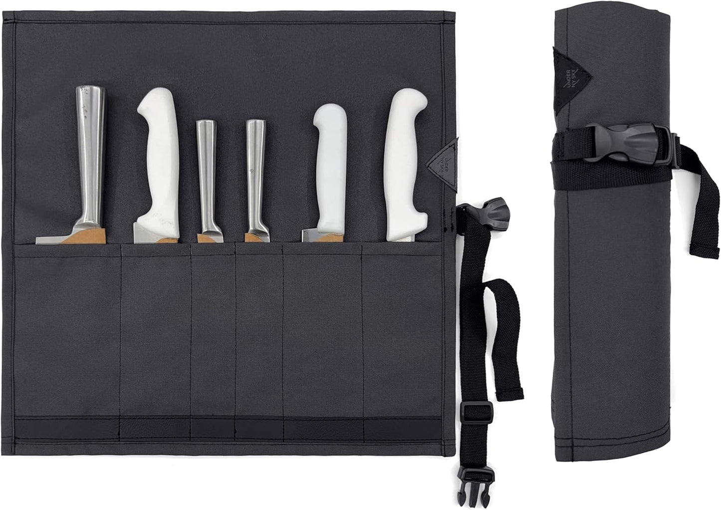 Knife Roll Case, Leather Support, Bag For Chef, 3 Slots, Gray | Heavy Duty Oxford Canvas Pouch, Leather Support, Portable Bag for Cooking Tools, Utensils, Cutlery Knives, BBQ, Travel, Gift