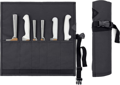 Knife Roll Case, Leather Support, Bag For Chef, 3 Slots, Gray | Heavy Duty Oxford Canvas Pouch, Leather Support, Portable Bag for Cooking Tools, Utensils, Cutlery Knives, BBQ, Travel, Gift
