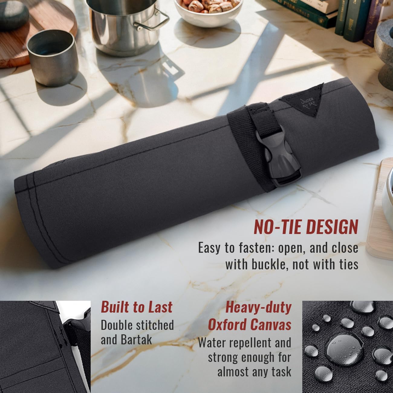 Knife Roll Case, Leather Support, Bag For Chef, 3 Slots, Gray | Heavy Duty Oxford Canvas Pouch, Leather Support, Portable Bag for Cooking Tools, Utensils, Cutlery Knives, BBQ, Travel, Gift