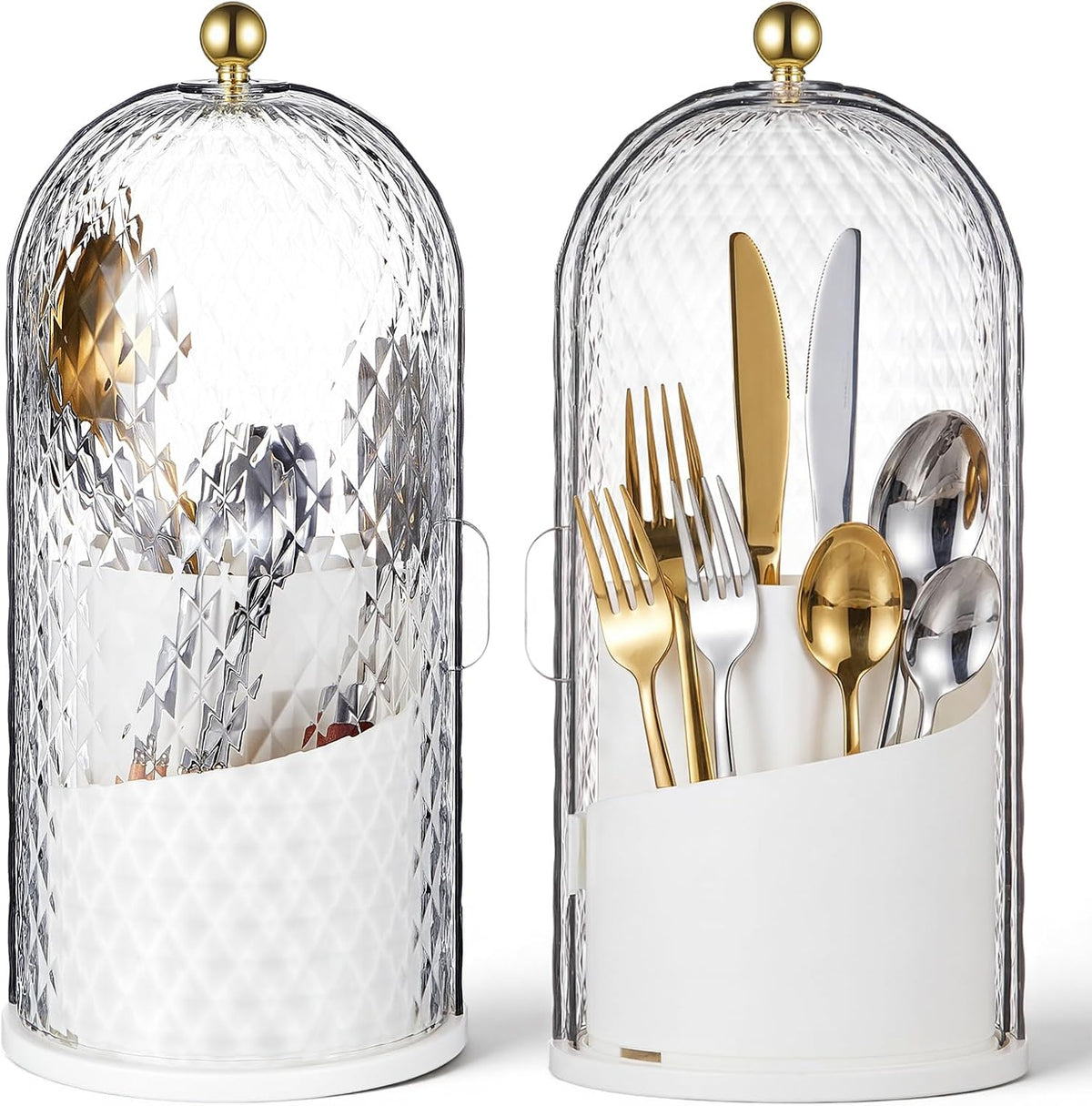 2 Pack 360° Rotating Silverware Organizer, Utensil Holder with Lid for Kitchen Counter Silverware Caddy with Drainage Dustproof Flatware Holder for Cutlery Spoon Fork(Diamond White,3 Slot)
