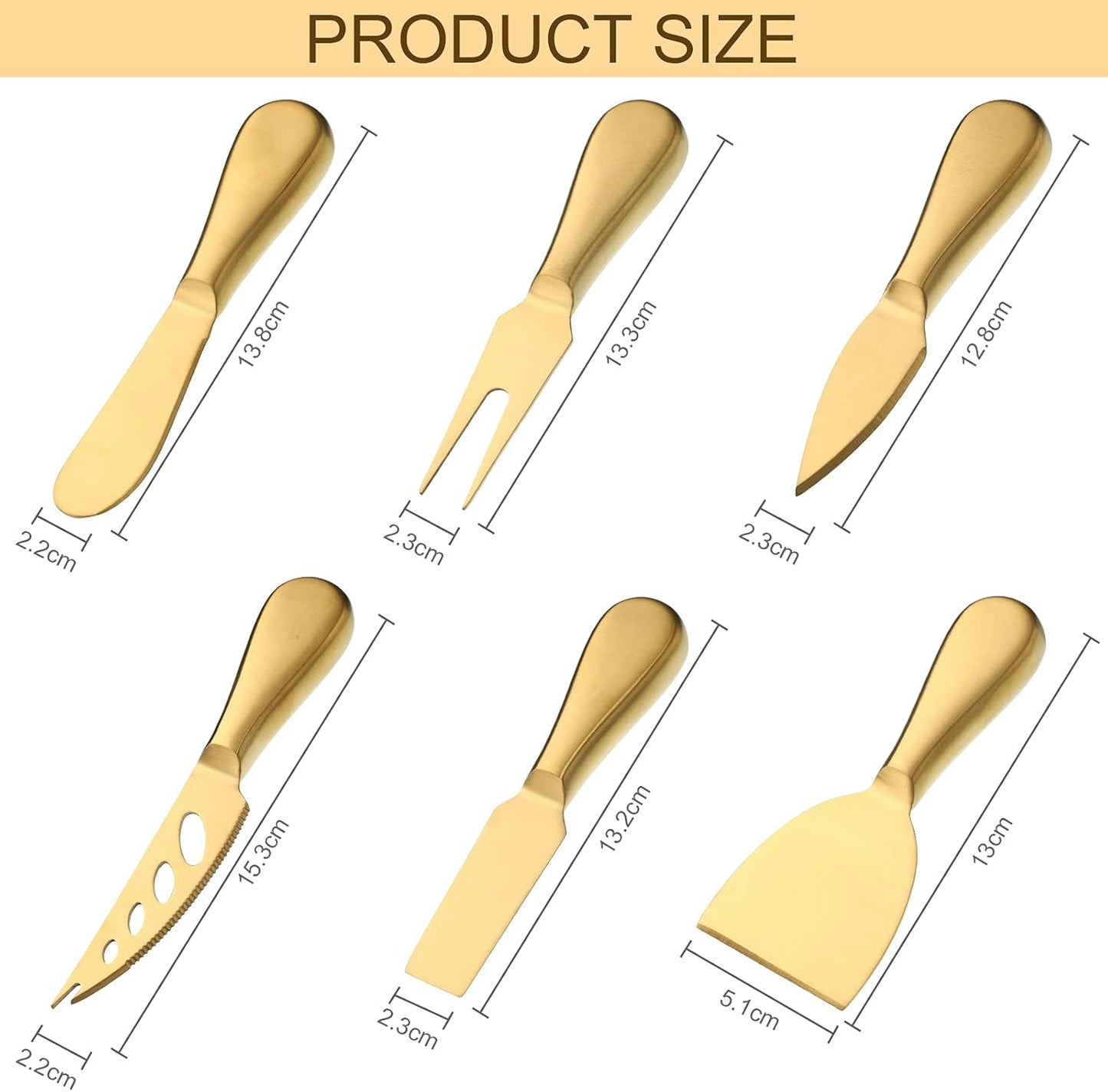 Stainless Steel Cheese Knives Set, Cheese Tools with Cheese Slicer and Cheese Cutters for Kitchen (Gold,6 Pieces)