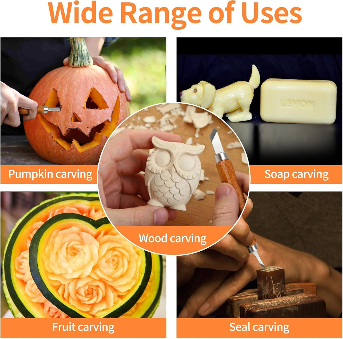 Wood Carving Tools Kit - Wood Carving Knife Set for Beginners, Professionals, Hobbyists, Artists, and Sculptors - Multipurpose Sculpting, Soap Carving, Pumpkin Carving(WOOD HANDLE)