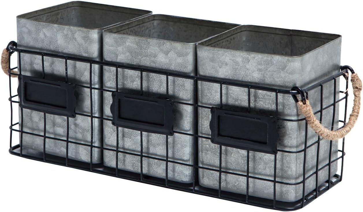 Farmhouse 3 Compartment Galvanized Flatware Cutlery Caddy Countertop Silverware Holder for Spoons, Knives, Forks - Silver