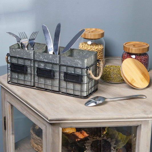 Farmhouse 3 Compartment Galvanized Flatware Cutlery Caddy Countertop Silverware Holder for Spoons, Knives, Forks - Silver