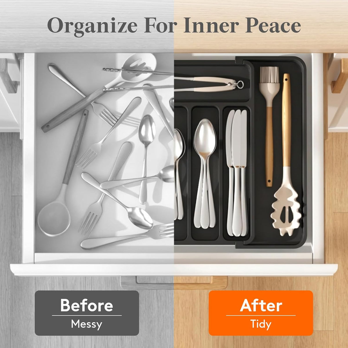 Adjustable Silverware Drawer Organizer, Expandable Utensil Tray for Kitchen Drawers, BPA Free Plastic Flatware Holder for Spoons Forks Knives, 12"-19.1" x 13.8", Black