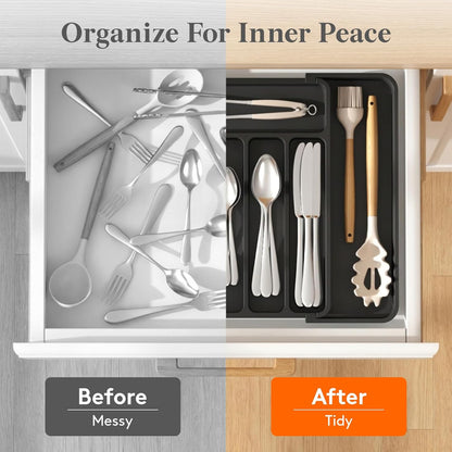 Adjustable Silverware Drawer Organizer, Expandable Utensil Tray for Kitchen Drawers, BPA Free Plastic Flatware Holder for Spoons Forks Knives, 12"-19.1" x 13.8", Black