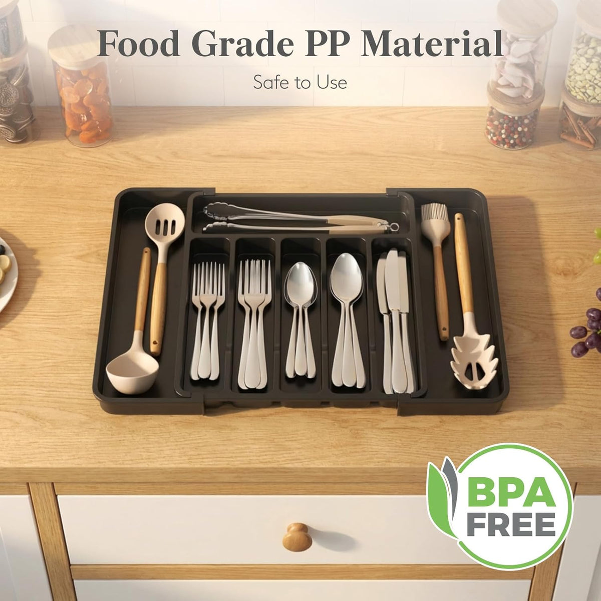 Adjustable Silverware Drawer Organizer, Expandable Utensil Tray for Kitchen Drawers, BPA Free Plastic Flatware Holder for Spoons Forks Knives, 12"-19.1" x 13.8", Black