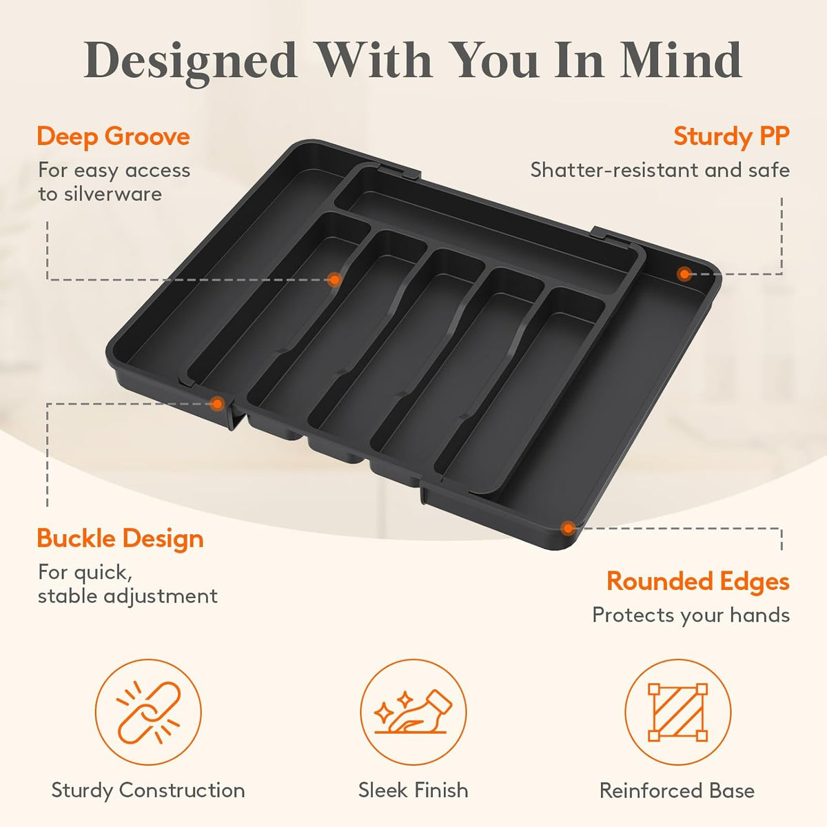 Adjustable Silverware Drawer Organizer, Expandable Utensil Tray for Kitchen Drawers, BPA Free Plastic Flatware Holder for Spoons Forks Knives, 12"-19.1" x 13.8", Black