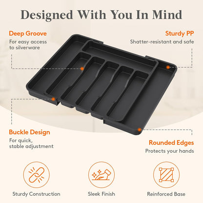 Adjustable Silverware Drawer Organizer, Expandable Utensil Tray for Kitchen Drawers, BPA Free Plastic Flatware Holder for Spoons Forks Knives, 12"-19.1" x 13.8", Black