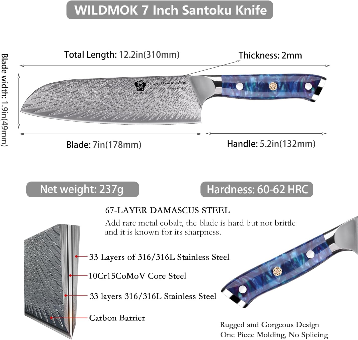 Santoku Knife 7 Inch kitchen knife, Ultra Sharp with Japanese Damascus Forged Santoku Knife, Ergonomic Resin Handle, cooking gifts with gift box
