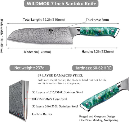 Santoku Knife 7 Inch kitchen knife, Ultra Sharp with Japanese Damascus Forged Santoku Knife, Ergonomic Resin Handle, cooking gifts with gift box