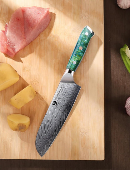 Santoku Knife 7 Inch kitchen knife, Ultra Sharp with Japanese Damascus Forged Santoku Knife, Ergonomic Resin Handle, cooking gifts with gift box