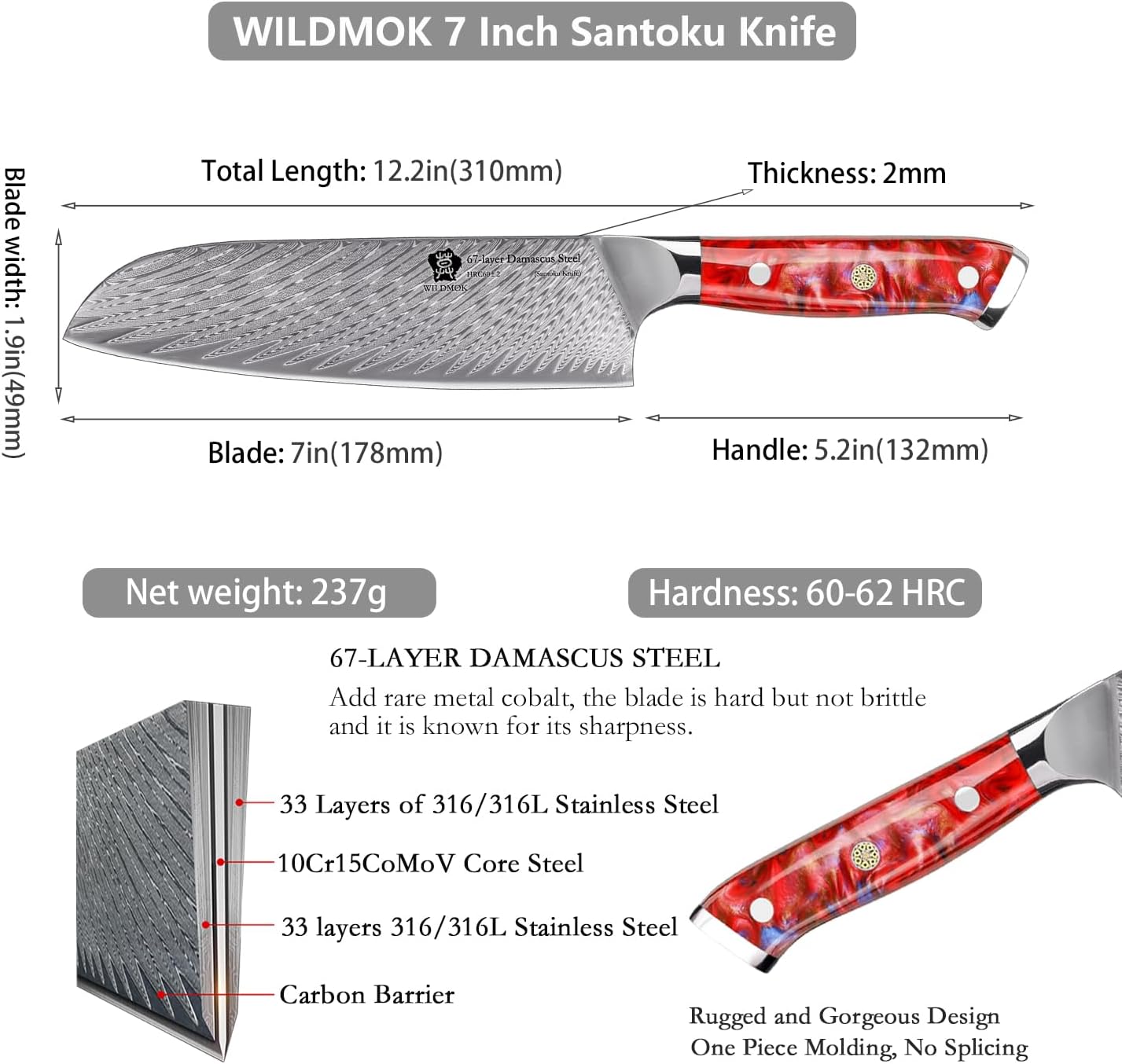 Santoku Knife 7 Inch kitchen knife, Ultra Sharp with Japanese Damascus Forged Santoku Knife, Ergonomic Resin Handle, cooking gifts with gift box