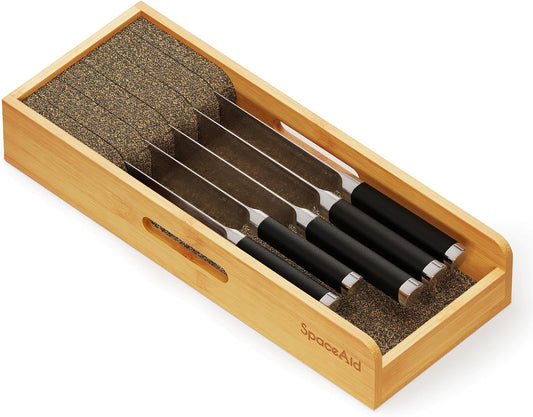 Knife Drawer Organizer Bamboo Insert Dock, Kitchen Steak Knives Holder Organizers Block for Drawer in Storage Organization (Small)