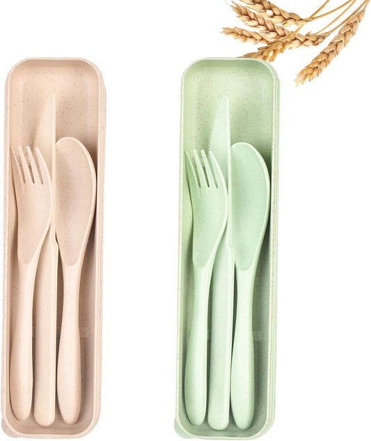 2Pack Wheat Straw Utensil Set, BPA Free Reusable Fork Spoon Knife with Case | 2 pack beige green wheat straw cutlery set with fork spoon knife, BPA-free portable case for camping picnic office