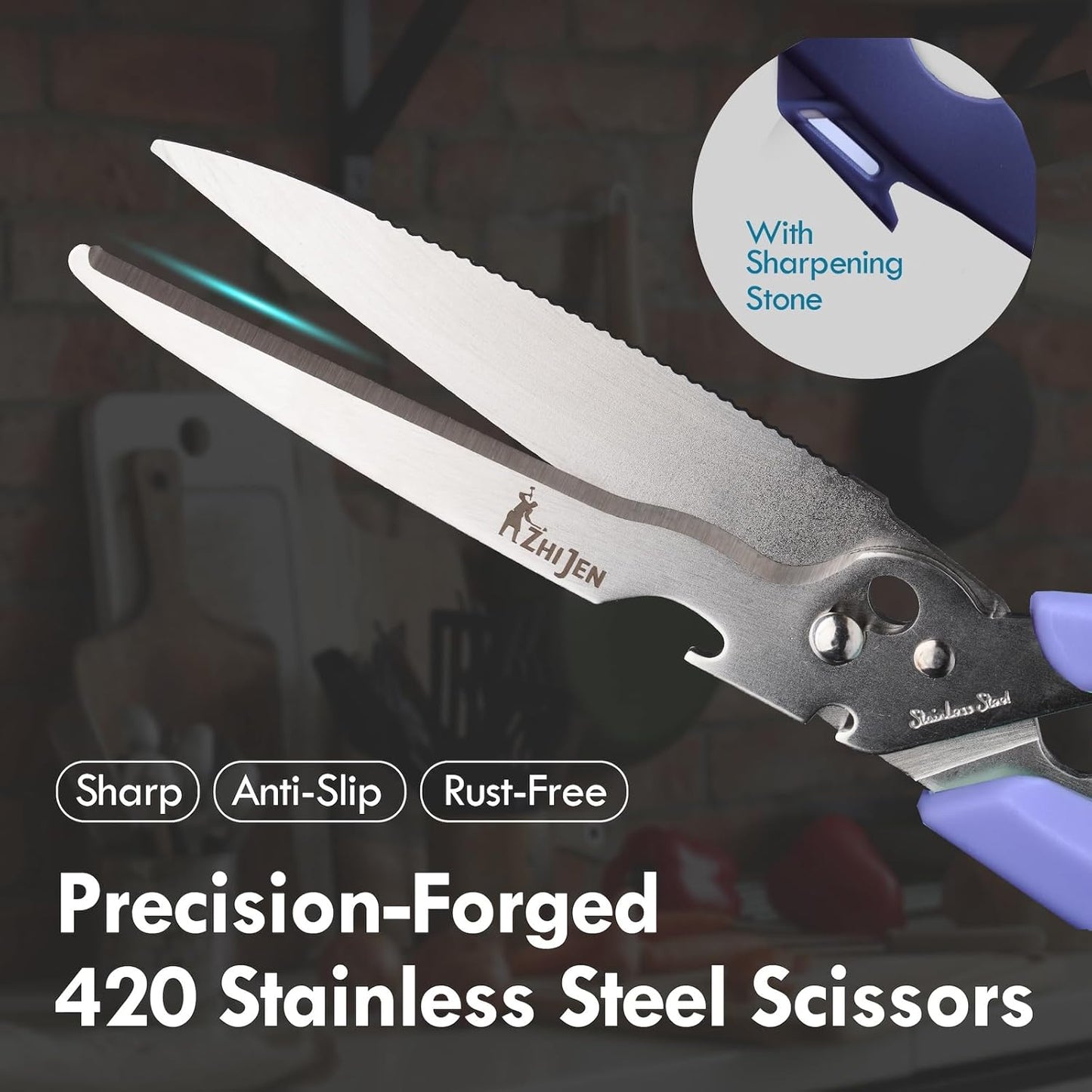 All Purpose Kitchen Scissors for Food and Heavy-Duty, Stainless Steel Cooking Shears for Chicken, Poultry, Meat, Herbs, Fish, Bones, Multi-Purpose Cooking Accessories with Cap and Sharpener