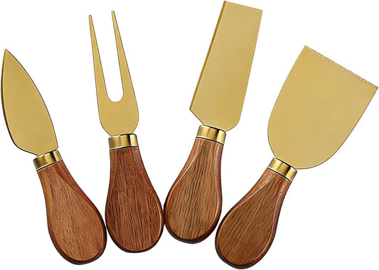 4 Gold Cheese Knife Set for Charcuterie Board, Wood Handle Stainless Steel Cheese Slicer & Cutter Utensils Gift for Christmas, Halloween, Thanksgiving & All Holidays (4 Gold Cheese Knife Set)