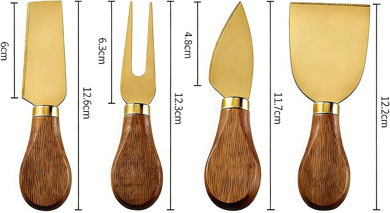 4 Gold Cheese Knife Set for Charcuterie Board, Wood Handle Stainless Steel Cheese Slicer & Cutter Utensils Gift for Christmas, Halloween, Thanksgiving & All Holidays (4 Gold Cheese Knife Set)