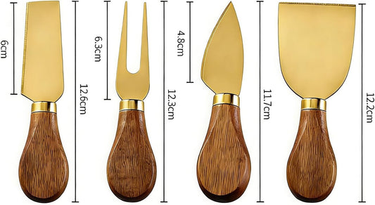 4 Gold Cheese Knife Set for Charcuterie Board, Wood Handle Stainless Steel Cheese Slicer & Cutter Utensils Gift for Christmas, Halloween, Thanksgiving & All Holidays (4 Gold Cheese Knife Set)