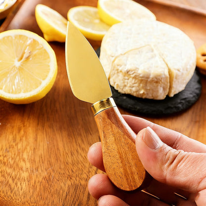 4 Gold Cheese Knife Set for Charcuterie Board, Wood Handle Stainless Steel Cheese Slicer & Cutter Utensils Gift for Christmas, Halloween, Thanksgiving & All Holidays (4 Gold Cheese Knife Set)