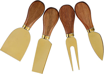 4 Gold Cheese Knife Set for Charcuterie Board, Wood Handle Stainless Steel Cheese Slicer & Cutter Utensils Gift for Christmas, Halloween, Thanksgiving & All Holidays (4 Gold Cheese Knife Set)