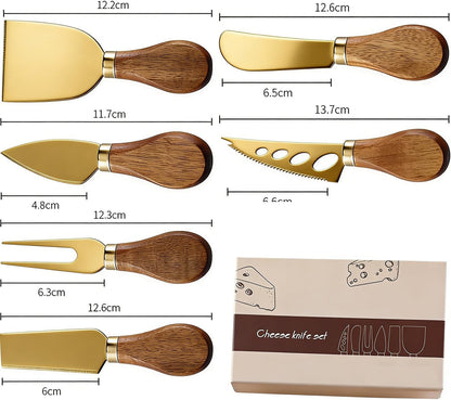 4 Gold Cheese Knife Set for Charcuterie Board, Wood Handle Stainless Steel Cheese Slicer & Cutter Utensils Gift for Christmas, Halloween, Thanksgiving & All Holidays (4 Gold Cheese Knife Set)