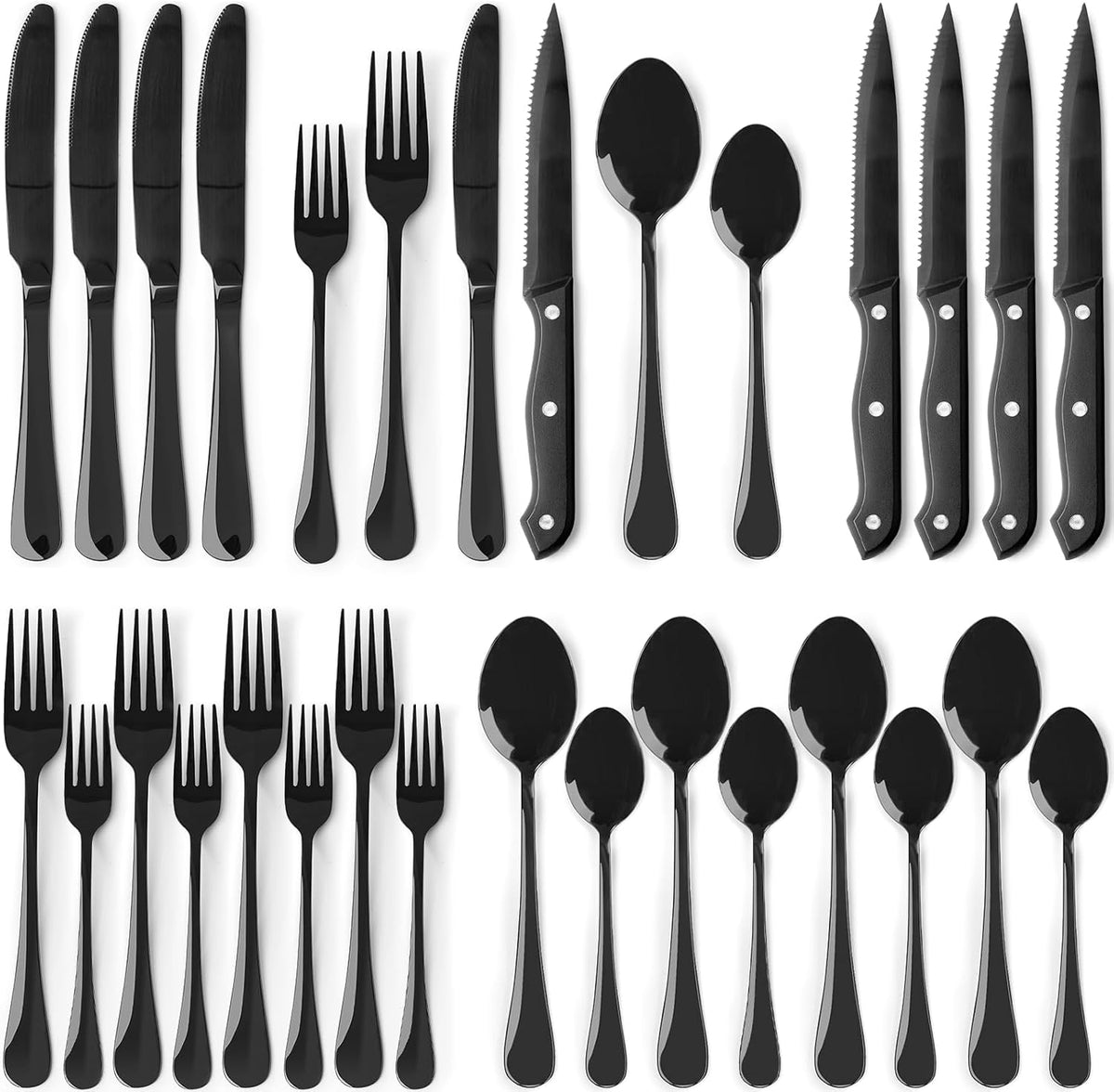 Black Silverware Set with Steak Knives Flatware Set for 4 Food-Grade Stainless Steel Cutlery Set Mirror Polished Utensils Set Include Spoons and Forks for Home Kitchen Restaurant