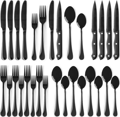 Black Silverware Set with Steak Knives Flatware Set for 4 Food-Grade Stainless Steel Cutlery Set Mirror Polished Utensils Set Include Spoons and Forks for Home Kitchen Restaurant