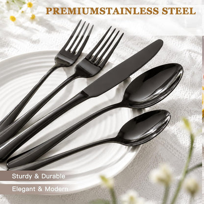 Black Silverware Set with Steak Knives Flatware Set for 4 Food-Grade Stainless Steel Cutlery Set Mirror Polished Utensils Set Include Spoons and Forks for Home Kitchen Restaurant