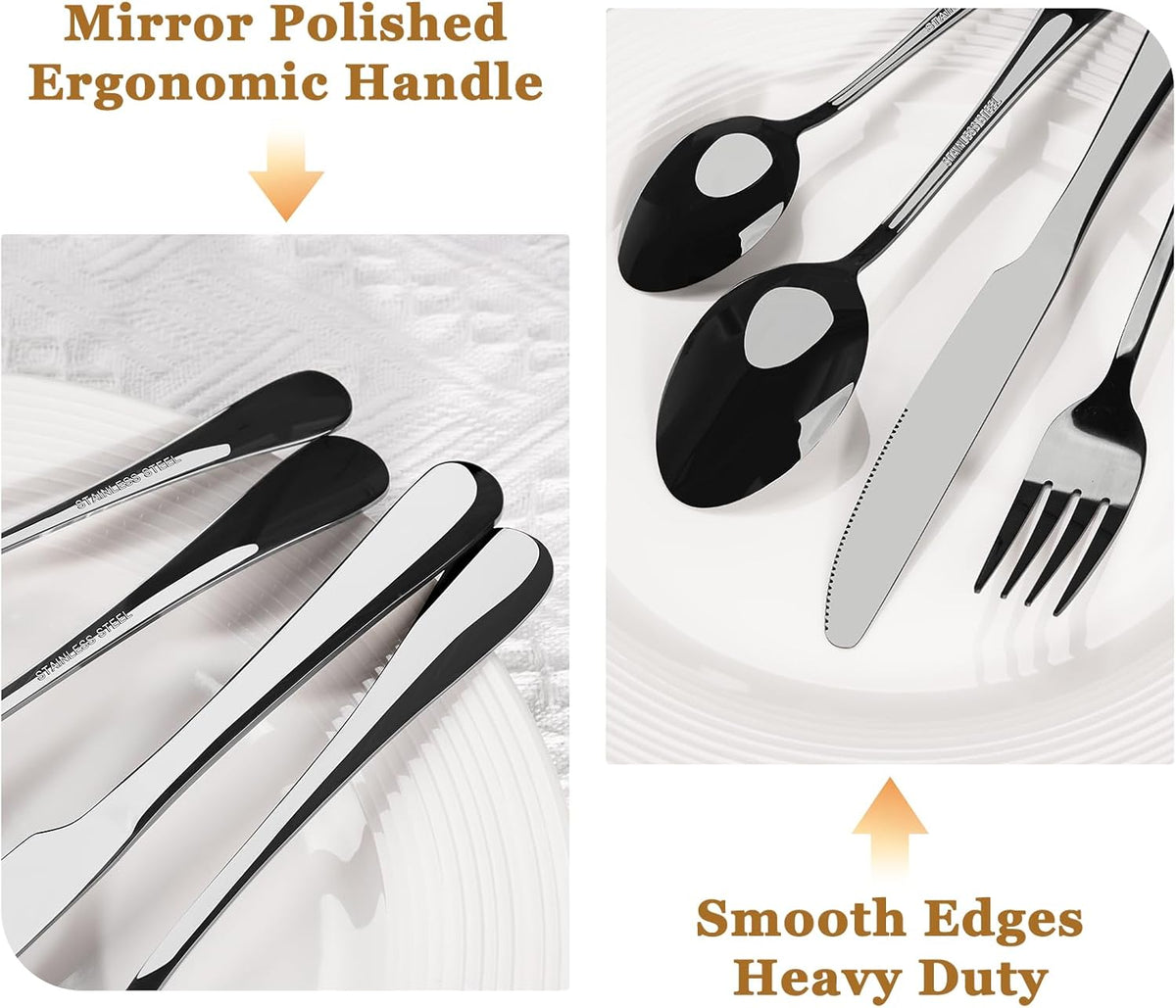 Black Silverware Set with Steak Knives Flatware Set for 4 Food-Grade Stainless Steel Cutlery Set Mirror Polished Utensils Set Include Spoons and Forks for Home Kitchen Restaurant