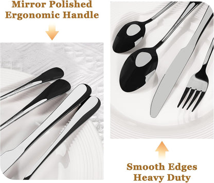 Black Silverware Set with Steak Knives Flatware Set for 4 Food-Grade Stainless Steel Cutlery Set Mirror Polished Utensils Set Include Spoons and Forks for Home Kitchen Restaurant
