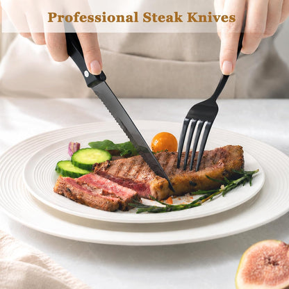 Black Silverware Set with Steak Knives Flatware Set for 4 Food-Grade Stainless Steel Cutlery Set Mirror Polished Utensils Set Include Spoons and Forks for Home Kitchen Restaurant